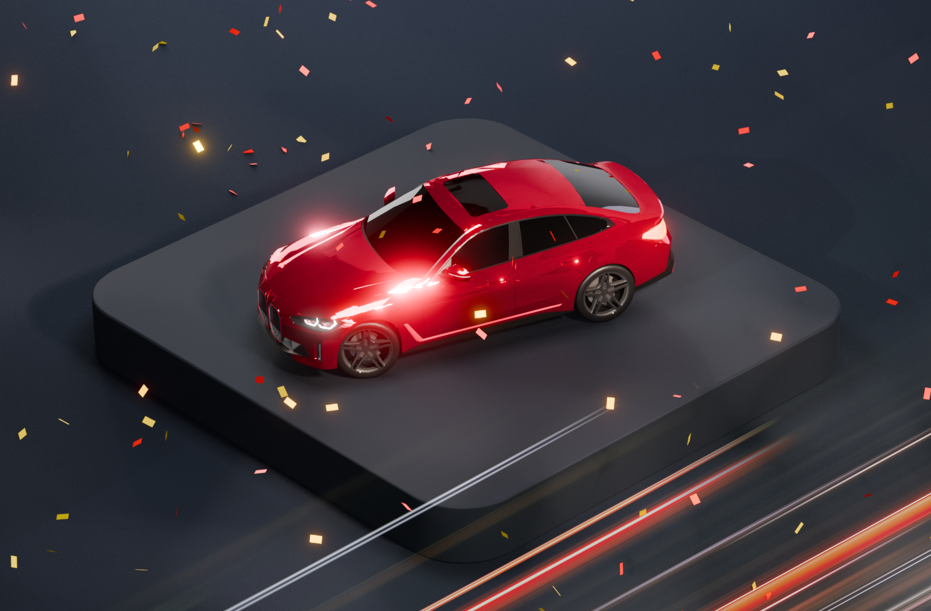 Красный автомобиль на платформе с конфетти